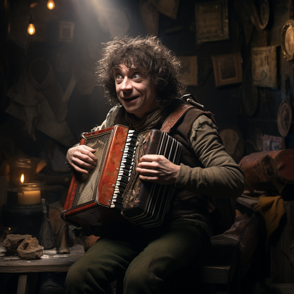 Insane hobbit playing concertina