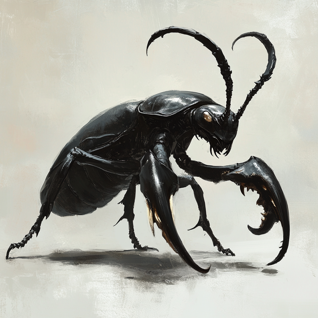 Large insect creature with mantis legs and beetle pincers