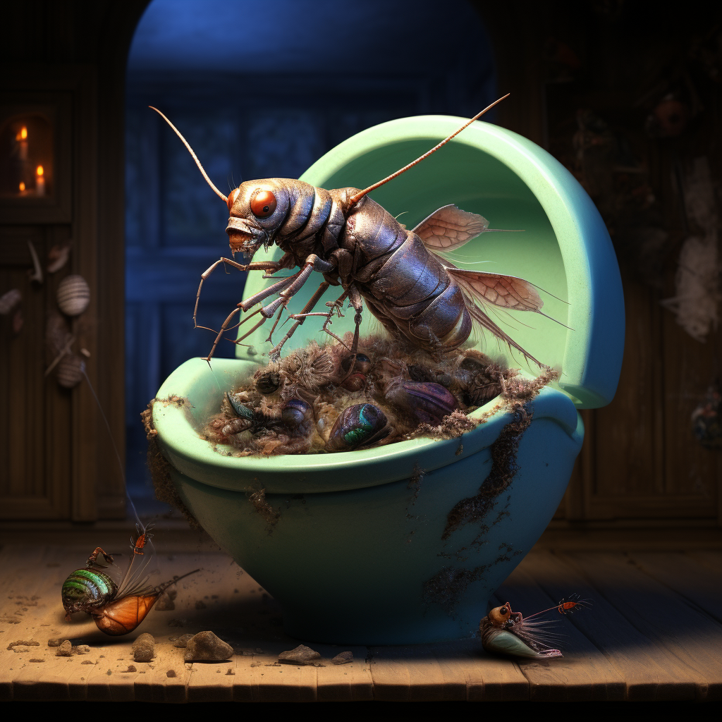 Insect fighting fish in toilet bowl