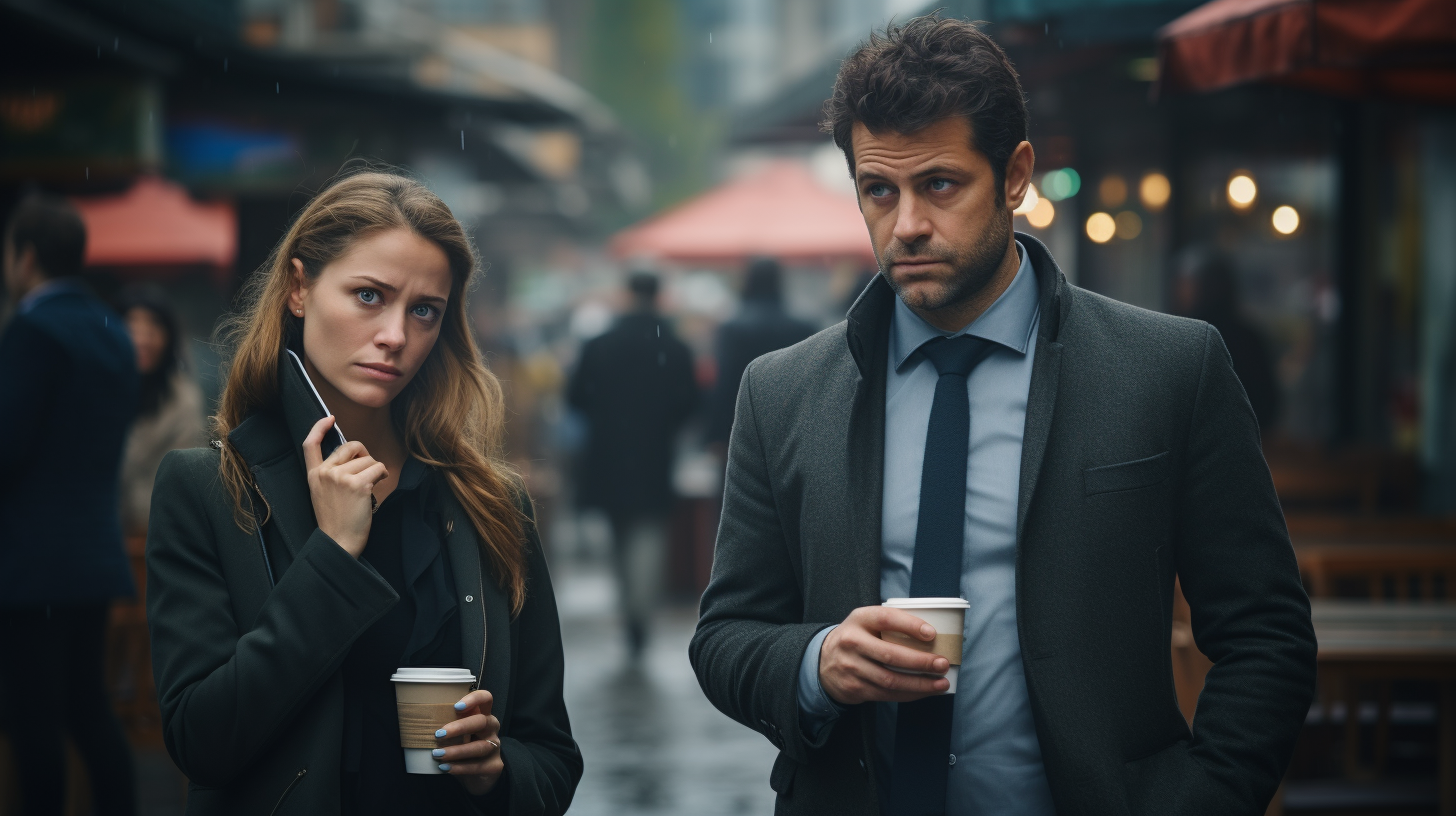 Confused boyfriend ignored by modest businesswoman