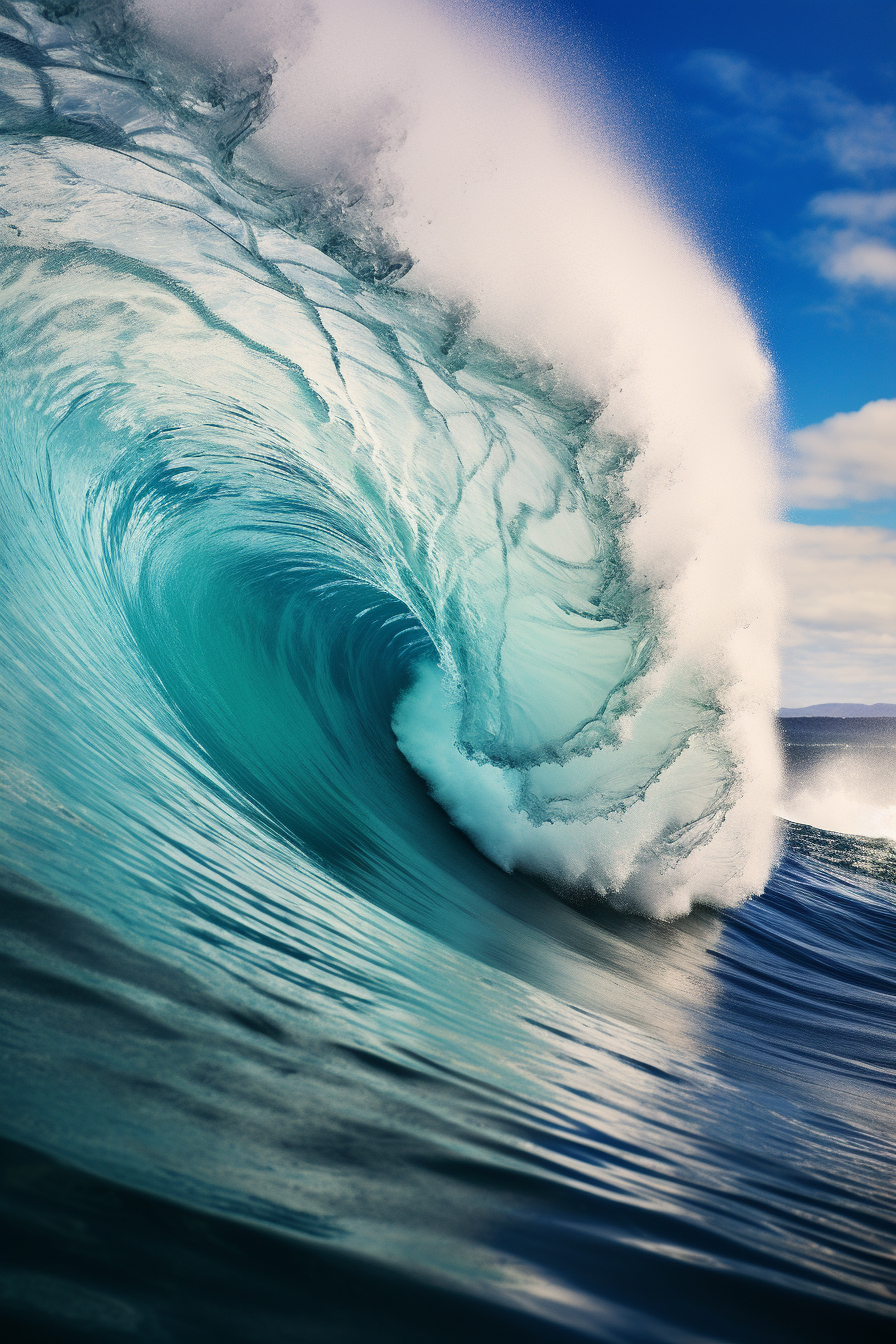 Hyperrealistic photograph of inside wave crests