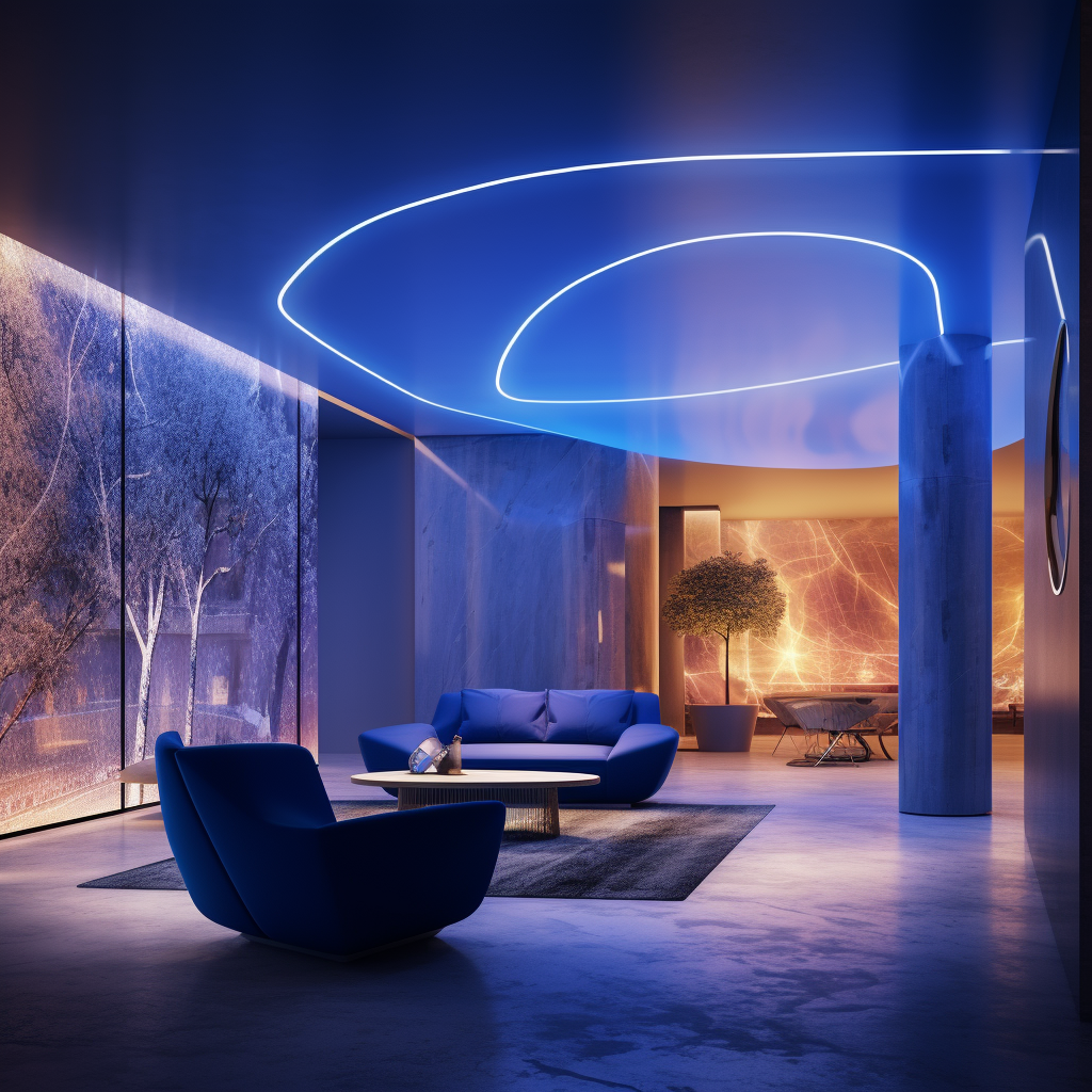 Modern interior design with blue accents