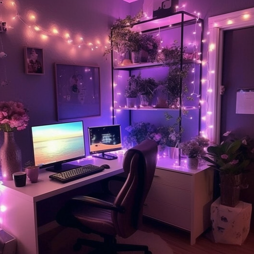 Lavender colored gaming computer room with fairy lights