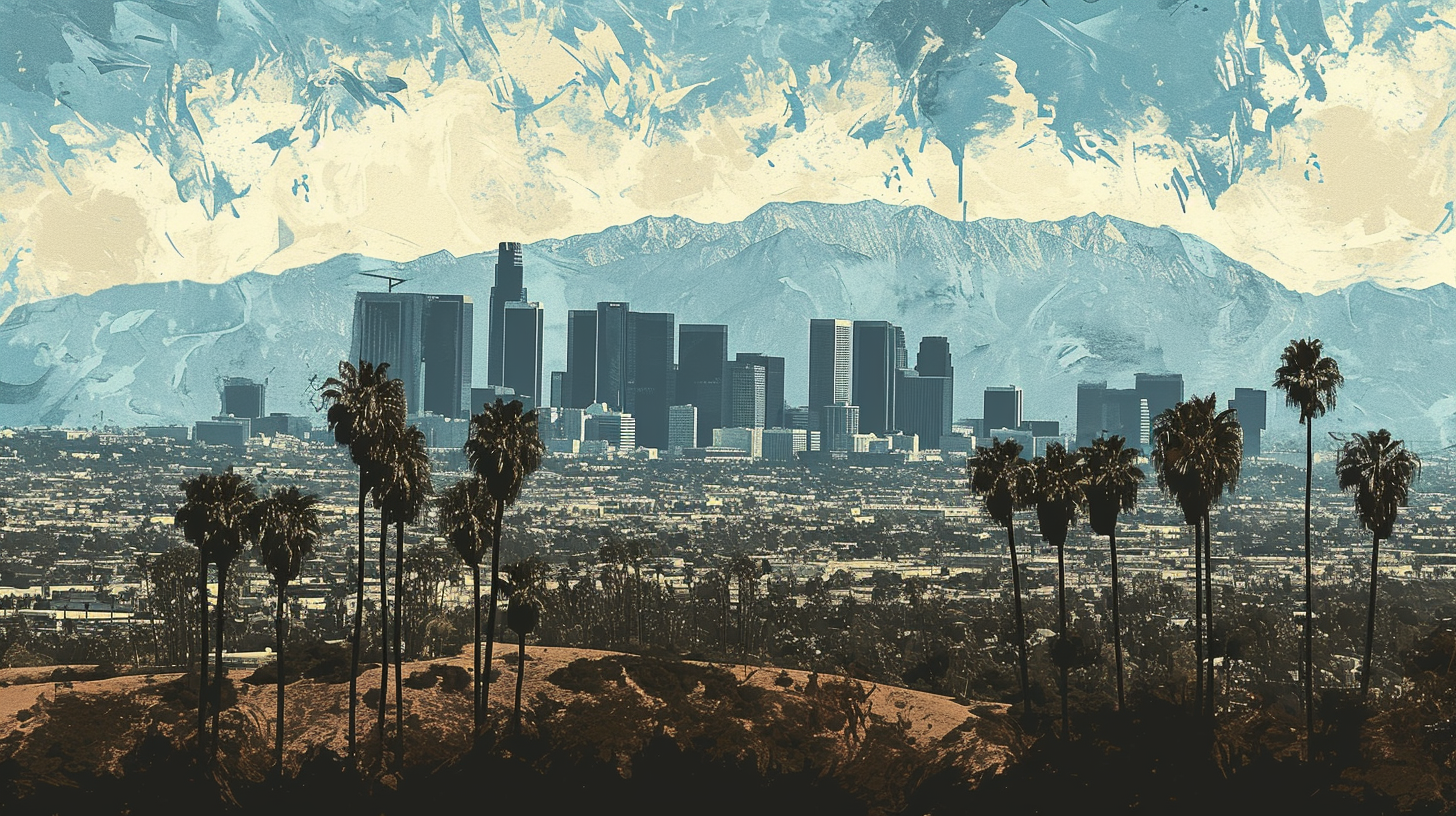 Los Angeles skyline with palm trees and mountains