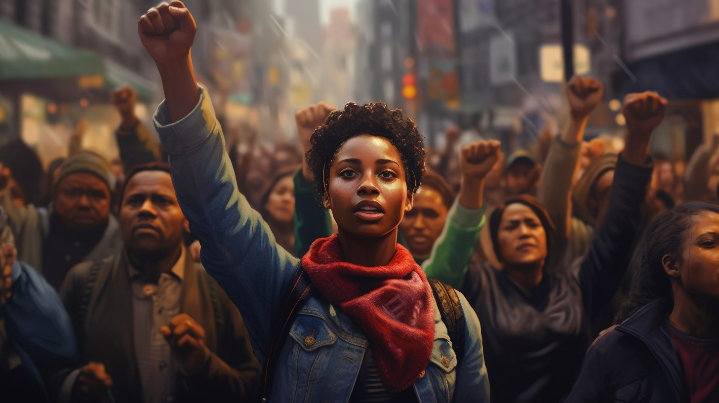 Inspiring black woman leading peaceful protest for equality and justice