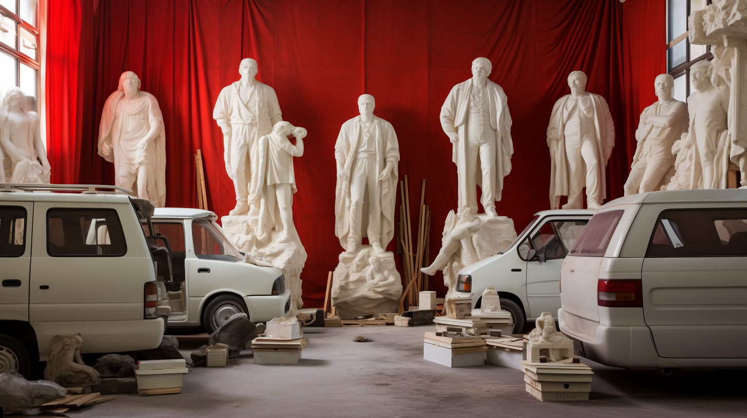 Italian marble statues with Ferrari's mini van prototype