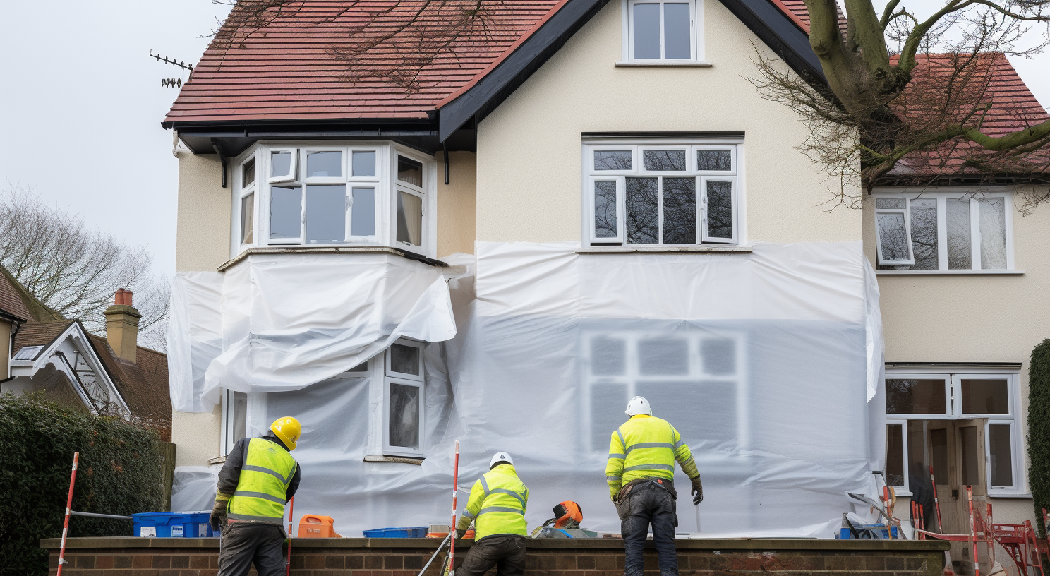 Workers doing exterior insulation on house