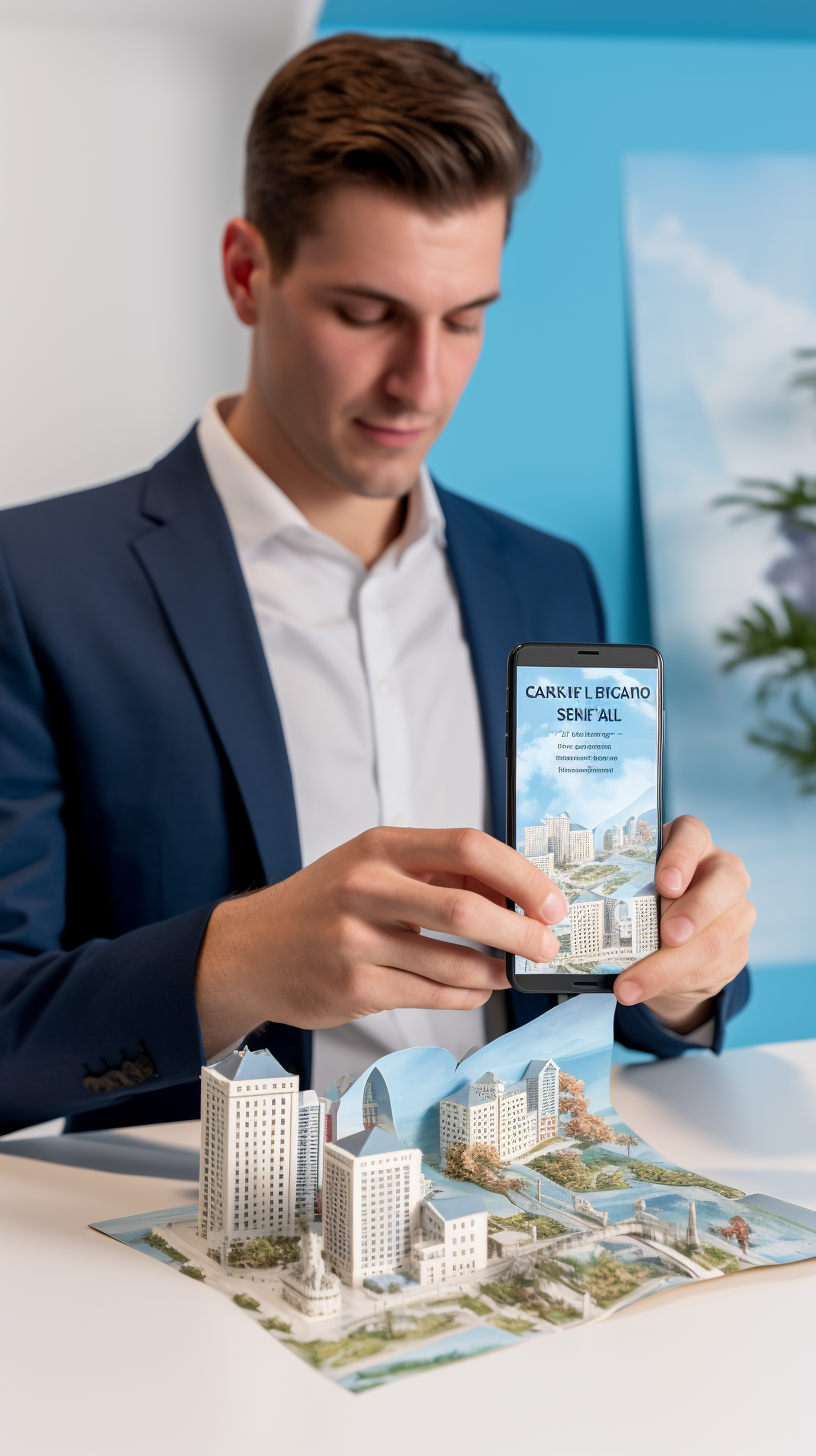 Man holding cellphone in insurance brochure