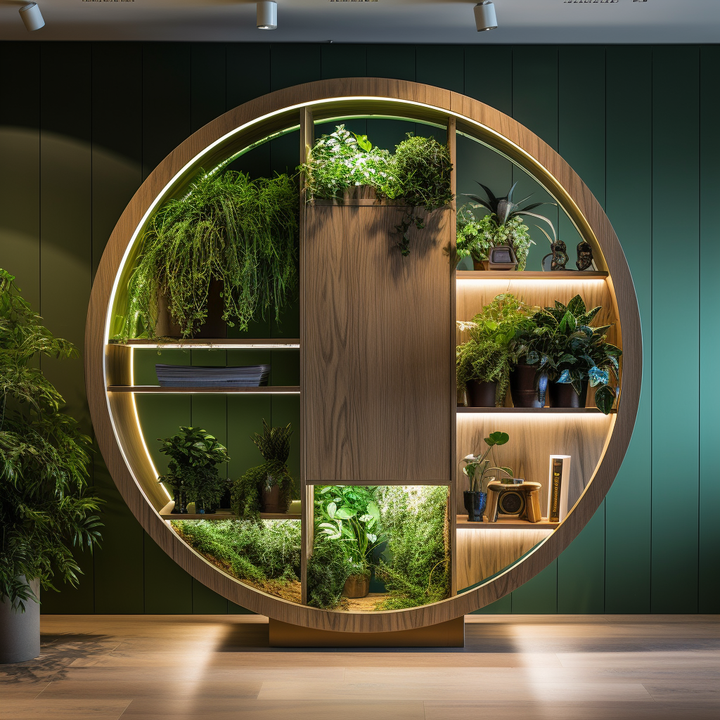 Integrating circle display box with shelves and plants