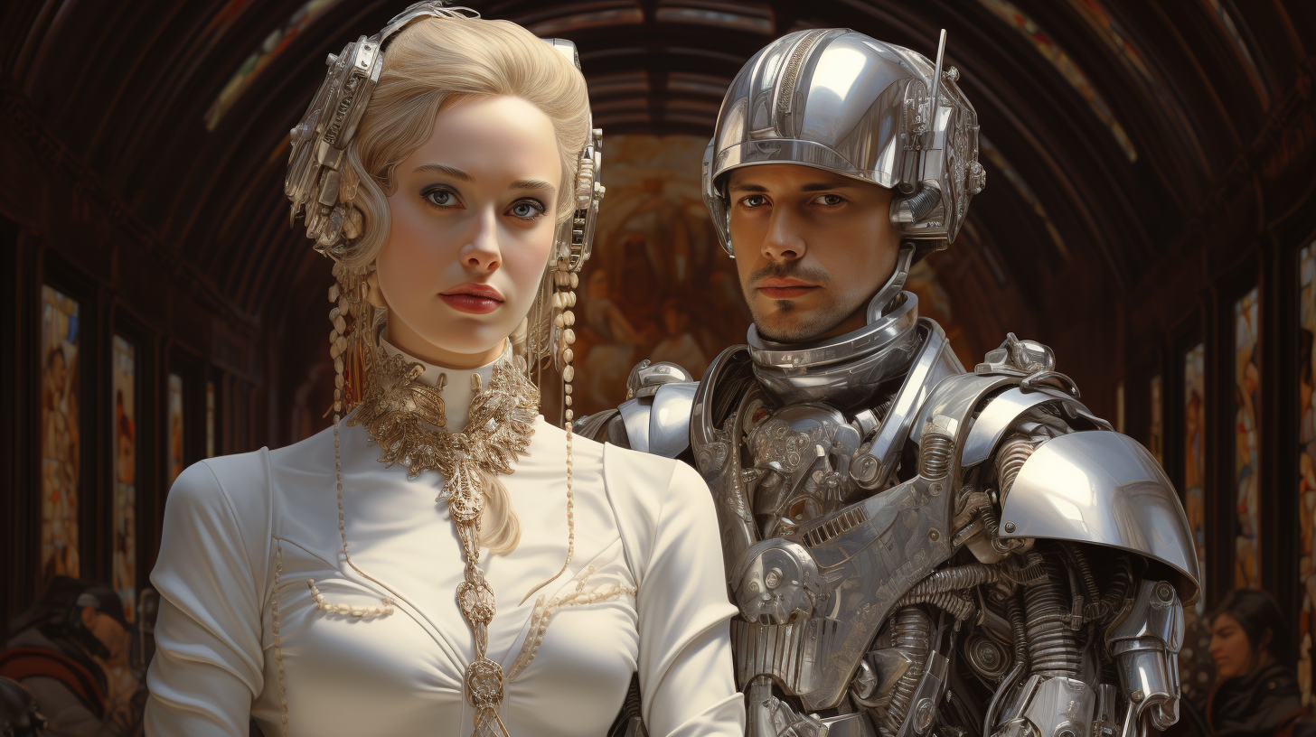 Futuristic glamour wedding with intelligent human and robotic partner