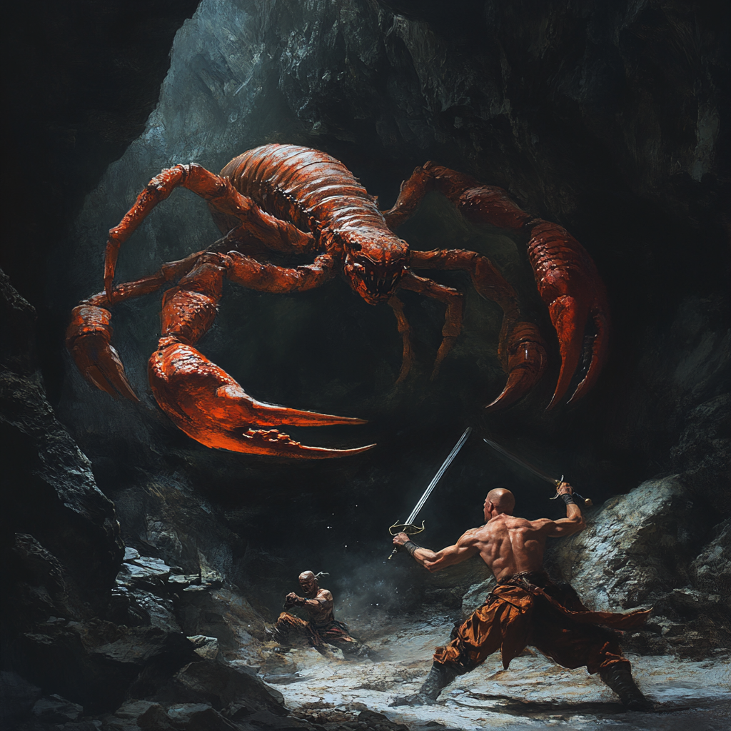 monk fighting giant scorpion cave