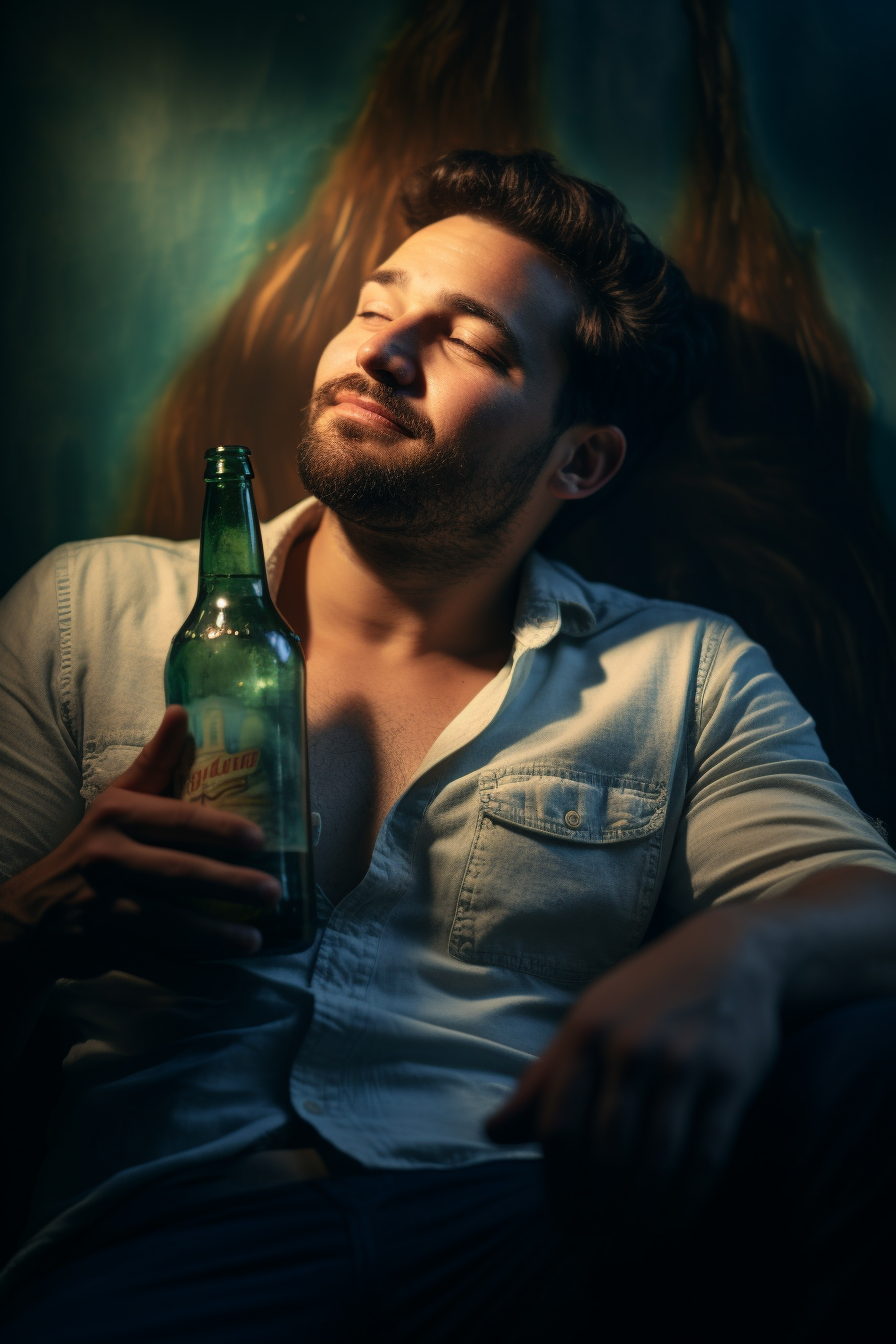 Man passionately hugging beer bottle