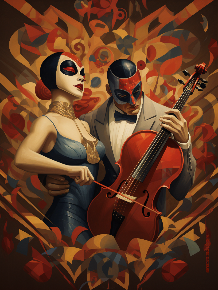 Luchador wrestler and symphony musician violinist in intense boxing match