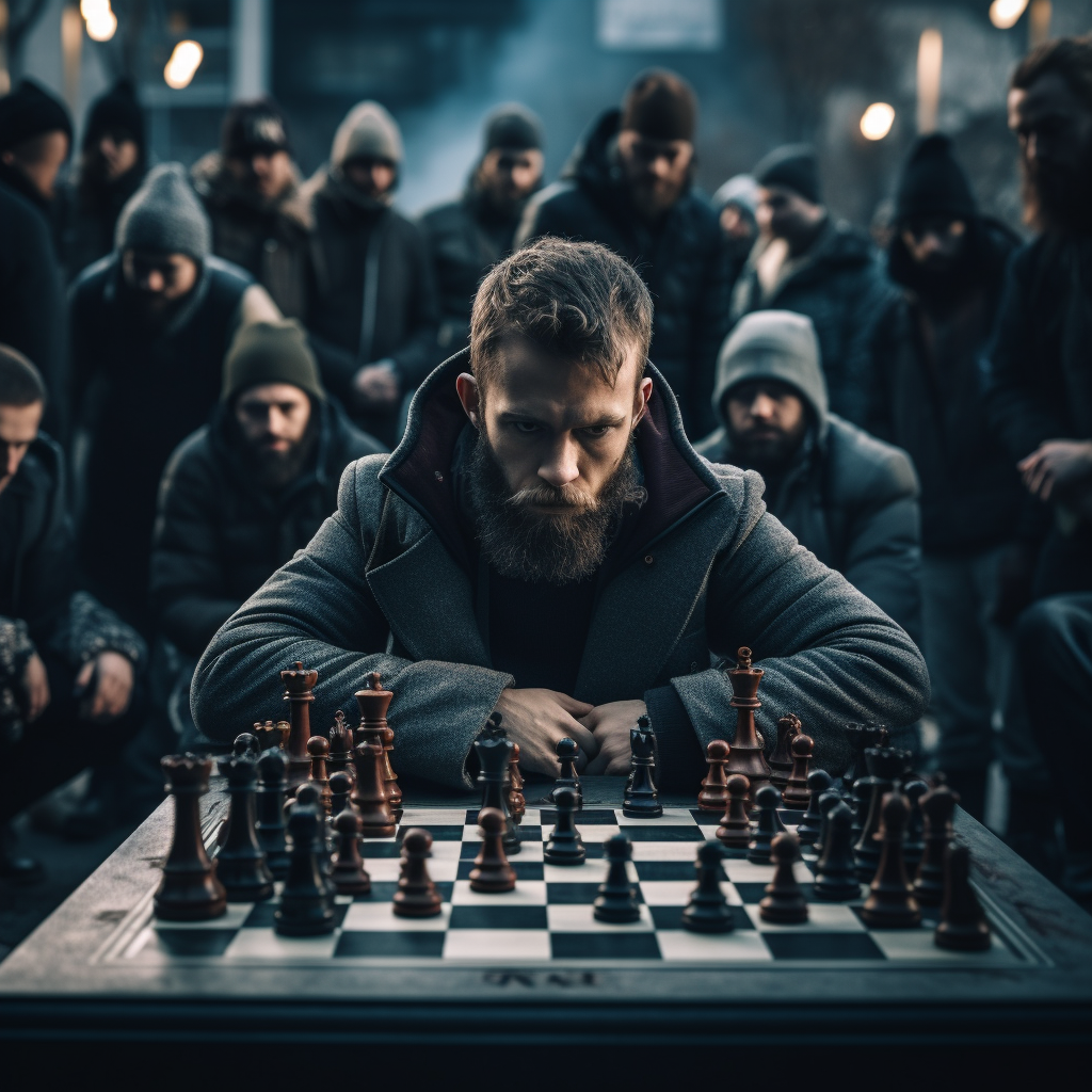 Man focused on intense chess match