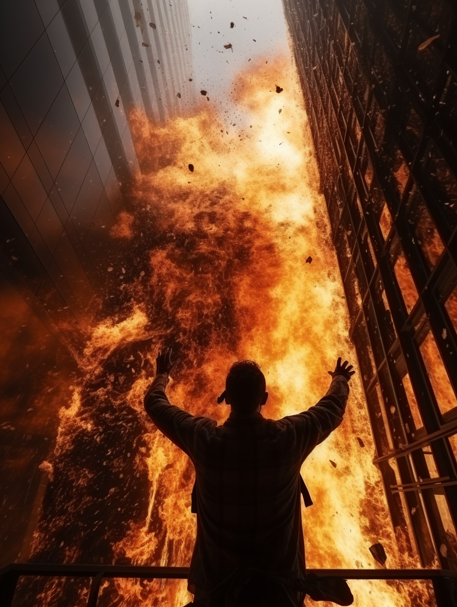 Climber on skyscraper wall during disaster