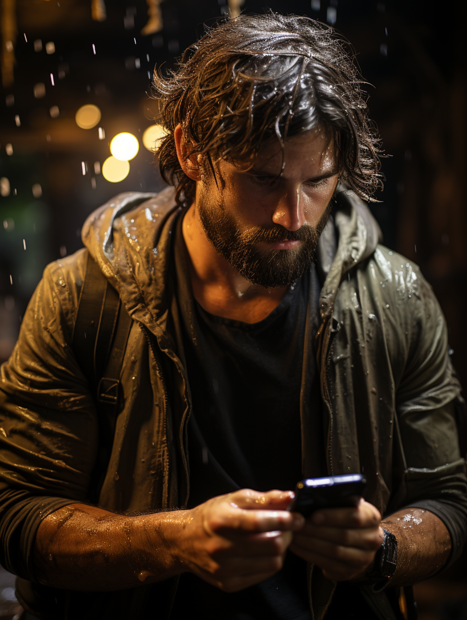 Sweating man using iPhone in intense action movie scene