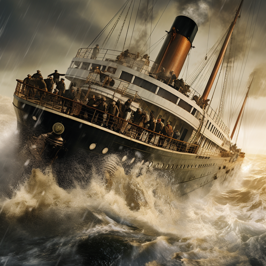 Antique cruise liner rocking violently in raging seas