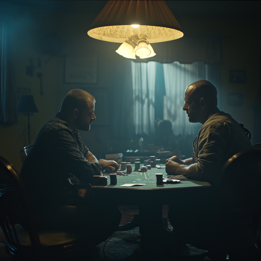 Intense poker duel in smoky room