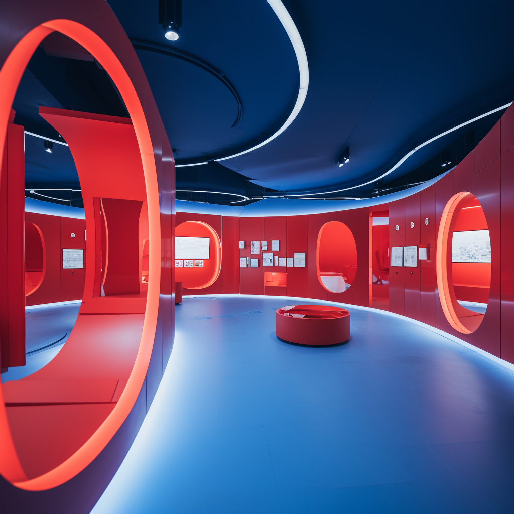 Interactive exhibition room in blue and red