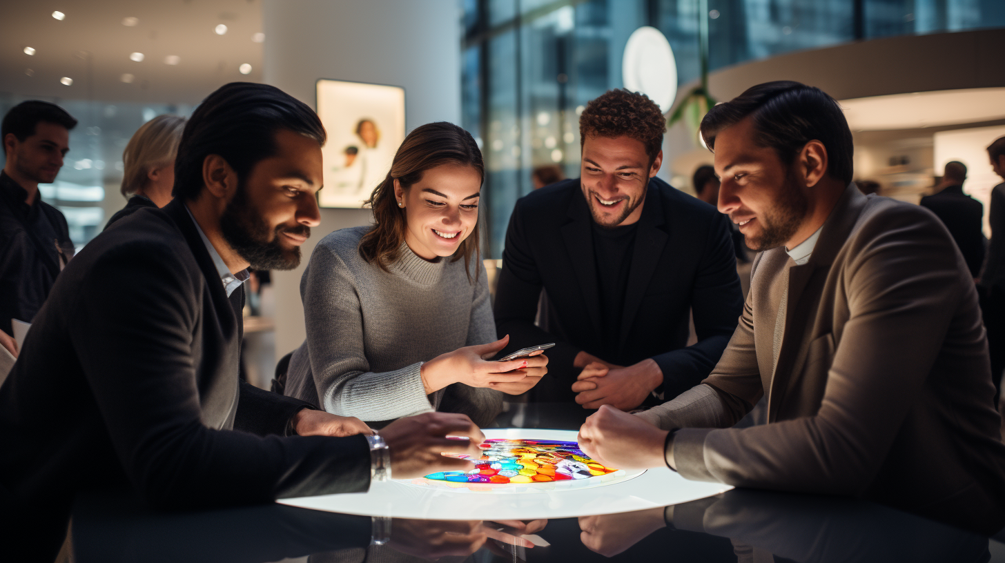 Group using tablets at interactive table