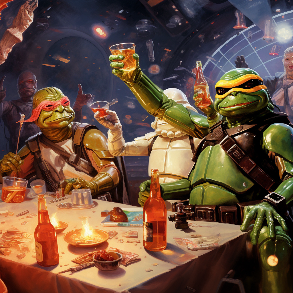 Characters celebrating at intergalactic party