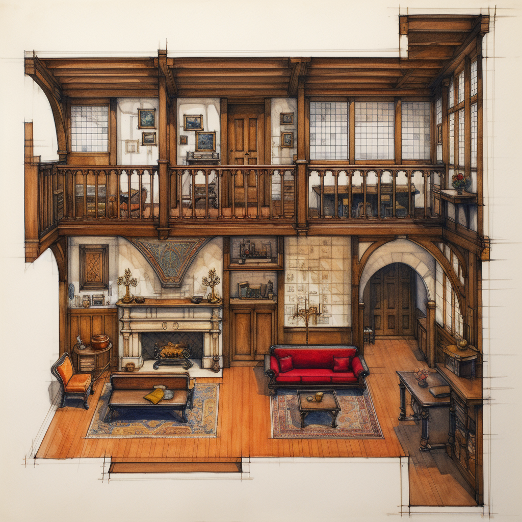 Detailed French Tudor Floor Plan Sketch