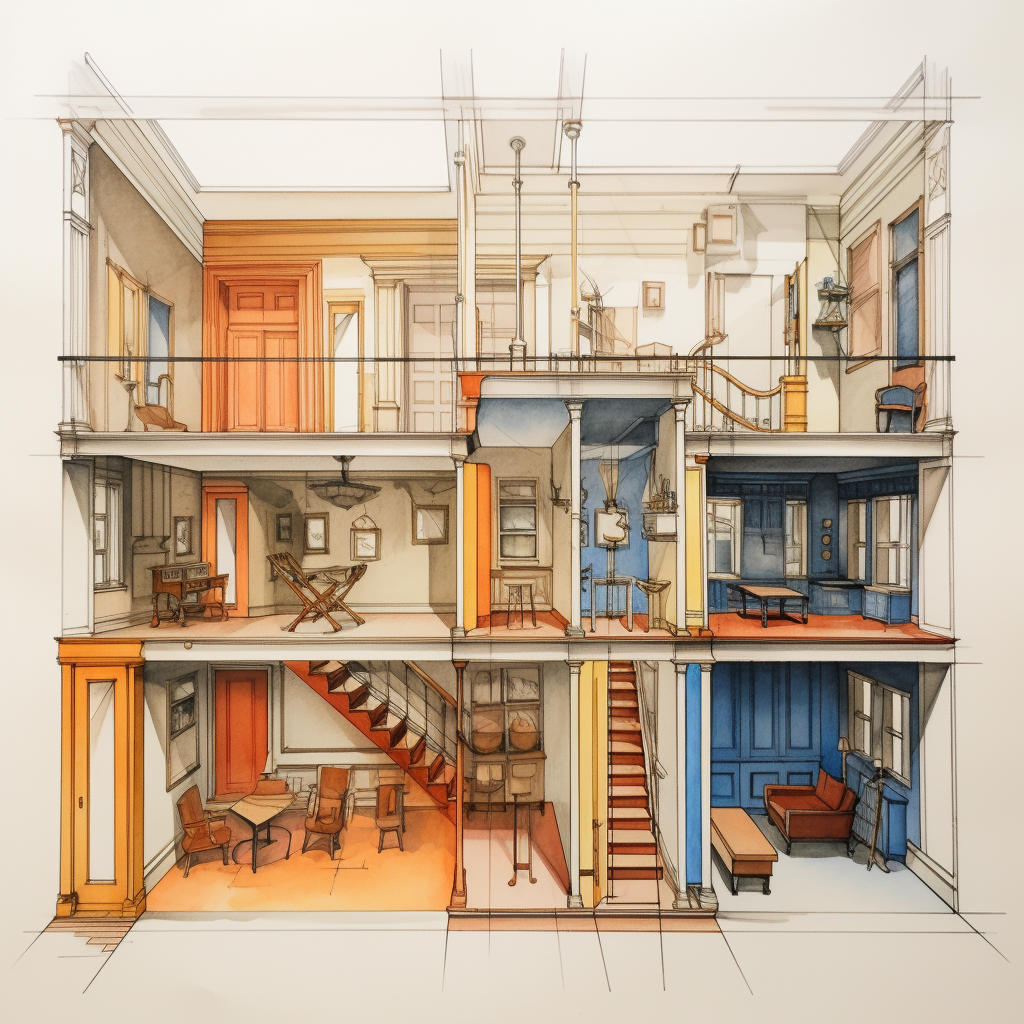 Colorful interior design sketch of a townhome