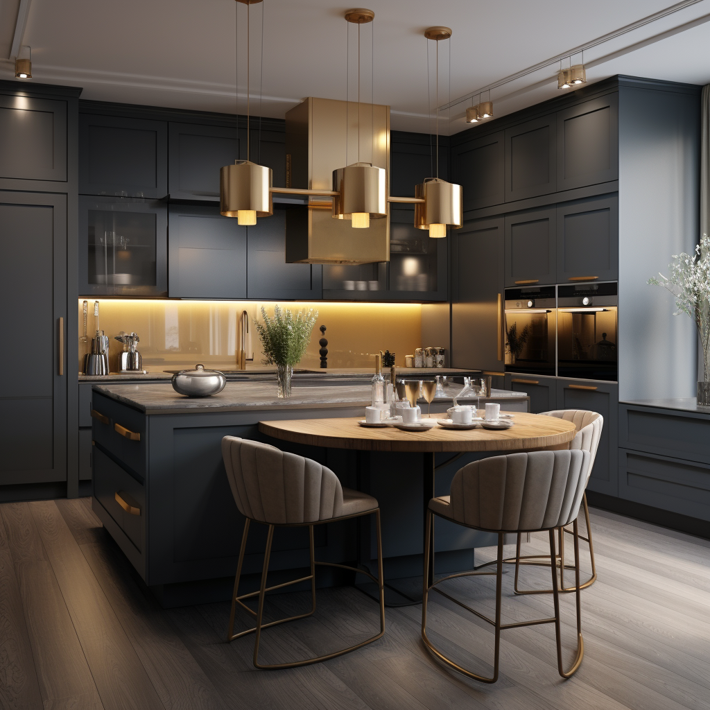 Stylish grey and gold kitchen interior