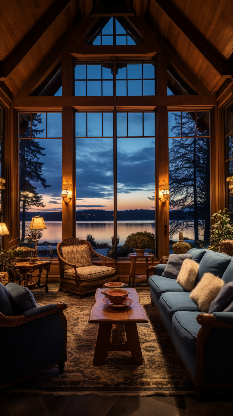 Spacious sitting room in lake house with autumn view