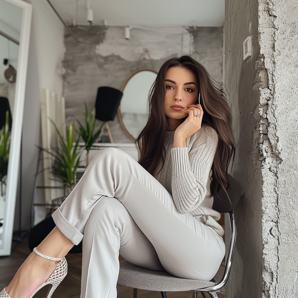 Pretty woman in interior selfie with knit top and high heels