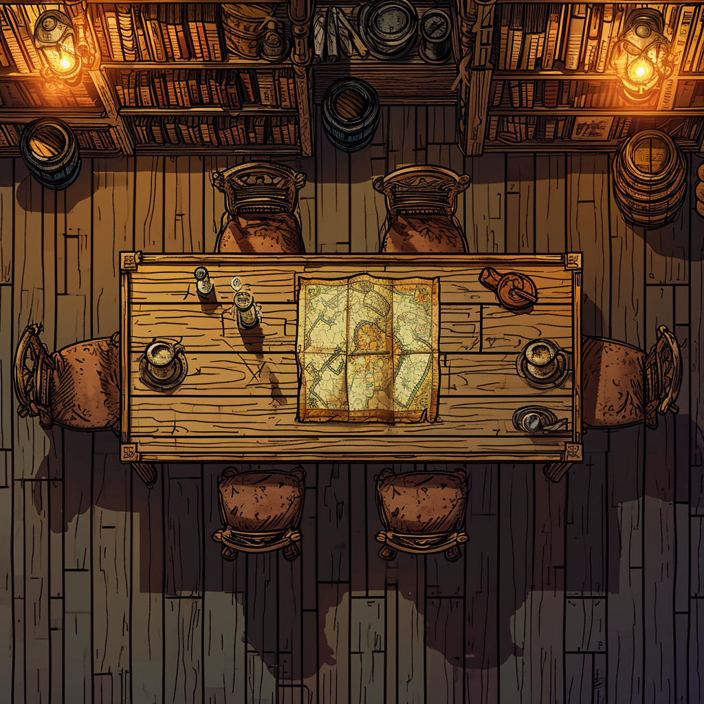 Warhammer-style tavern with wooden table and map