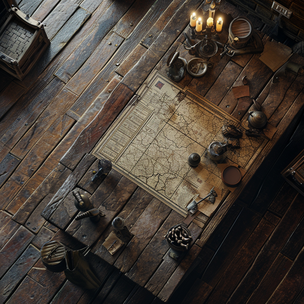 A map on a wooden table in a warhammer style tavern