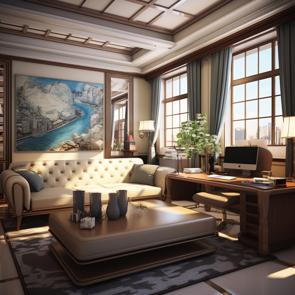 Interior Design with Sofa, Table, and Computer