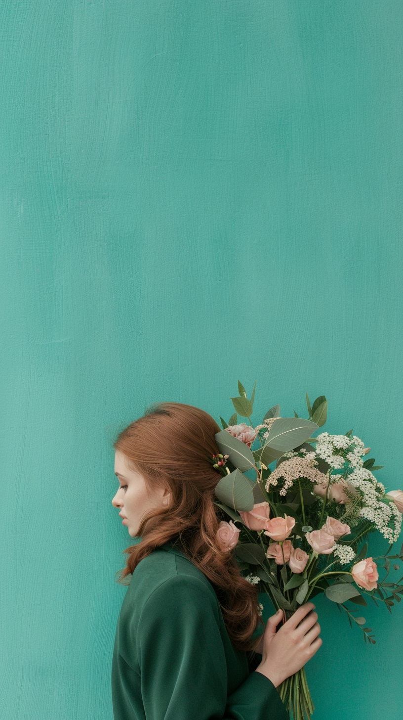 Woman hugging bouquet on turquoise background