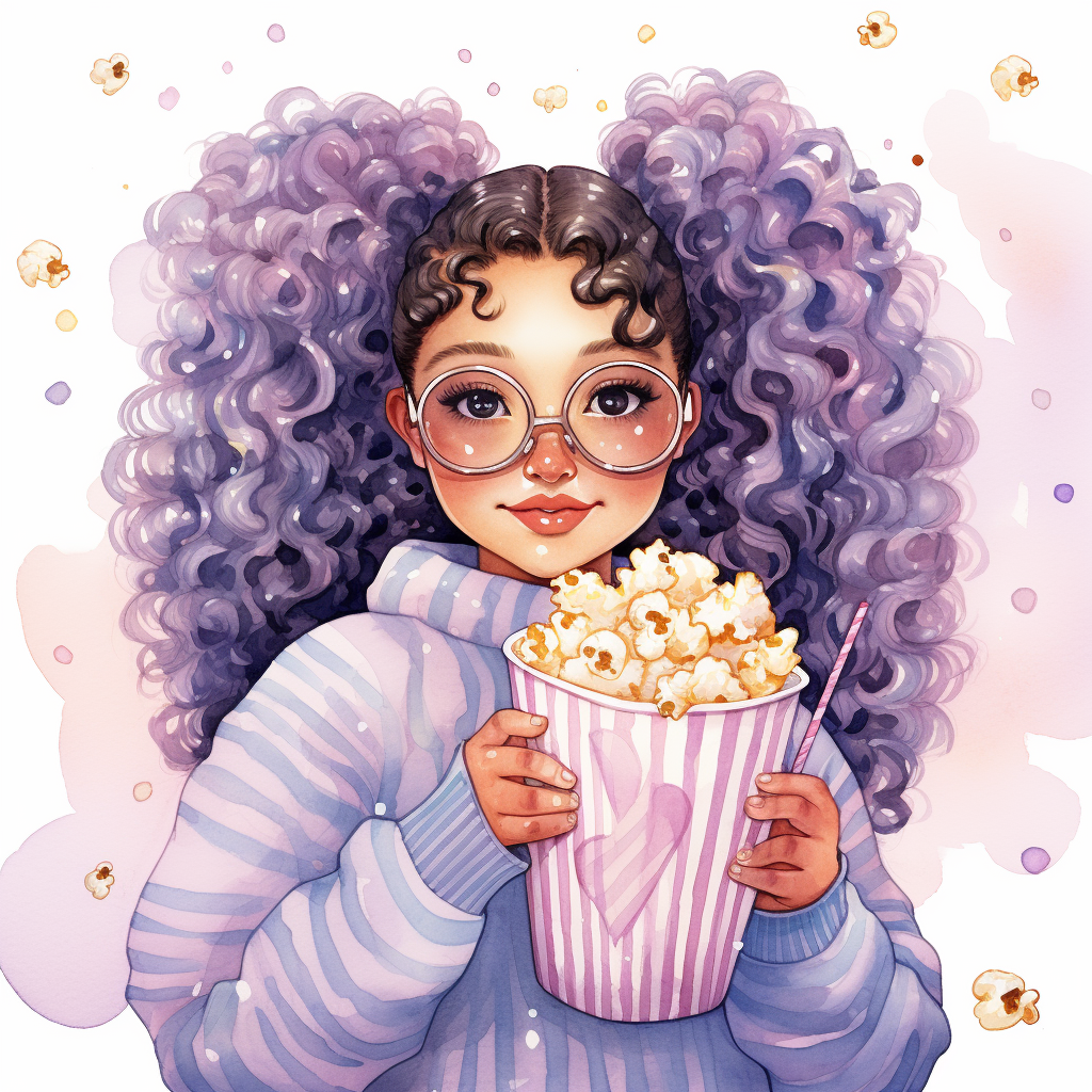 Watercolor illustration of an interracial chubby girl in pajamas with popcorn