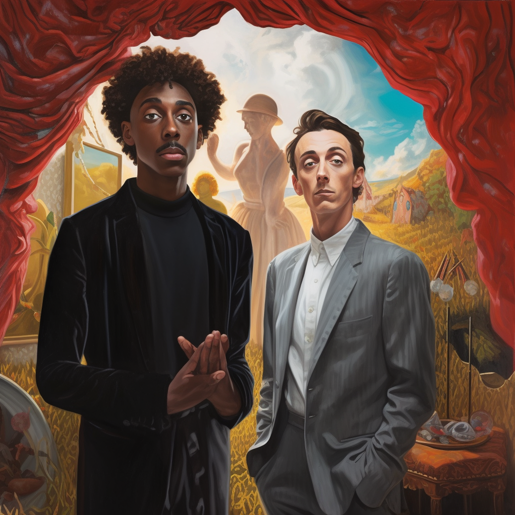 Interracial gay couple standing together in surrealistic dream