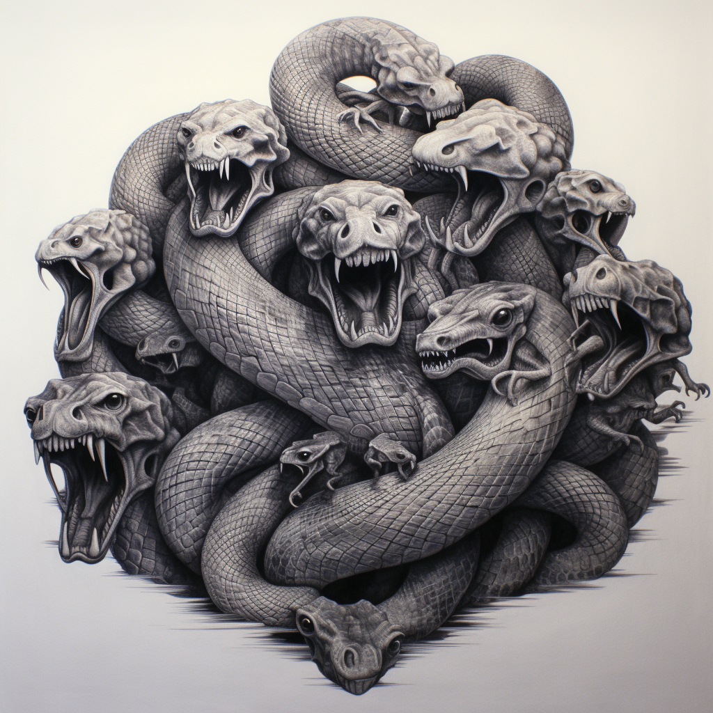 Seven fascinating intertwined snakes artwork