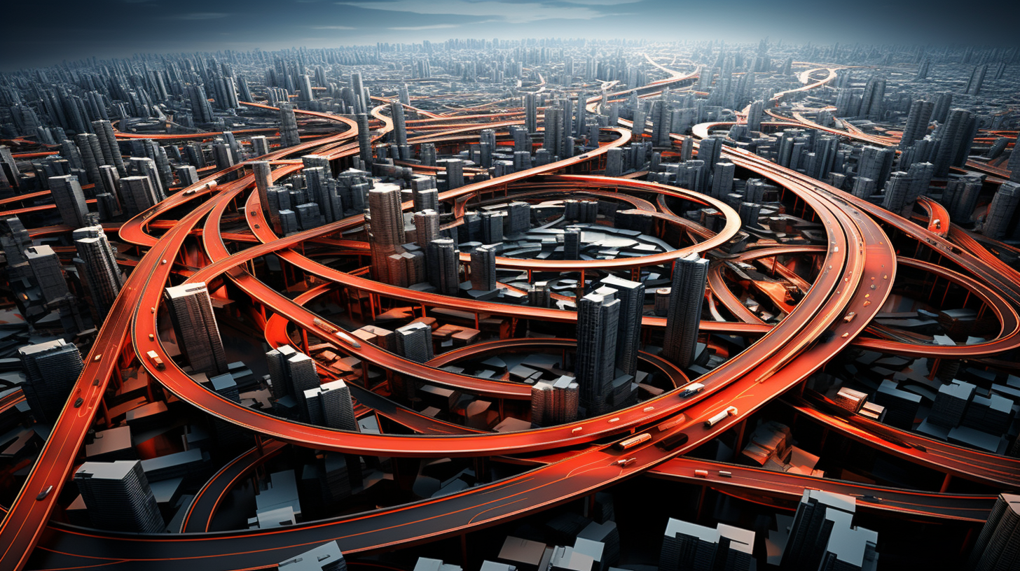 Top view of intertwining city roads with red cars