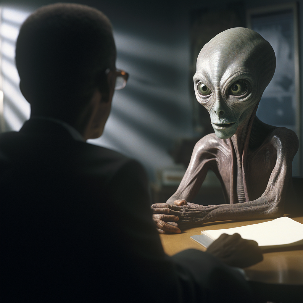 Grey alien being interviewed by FBI officer