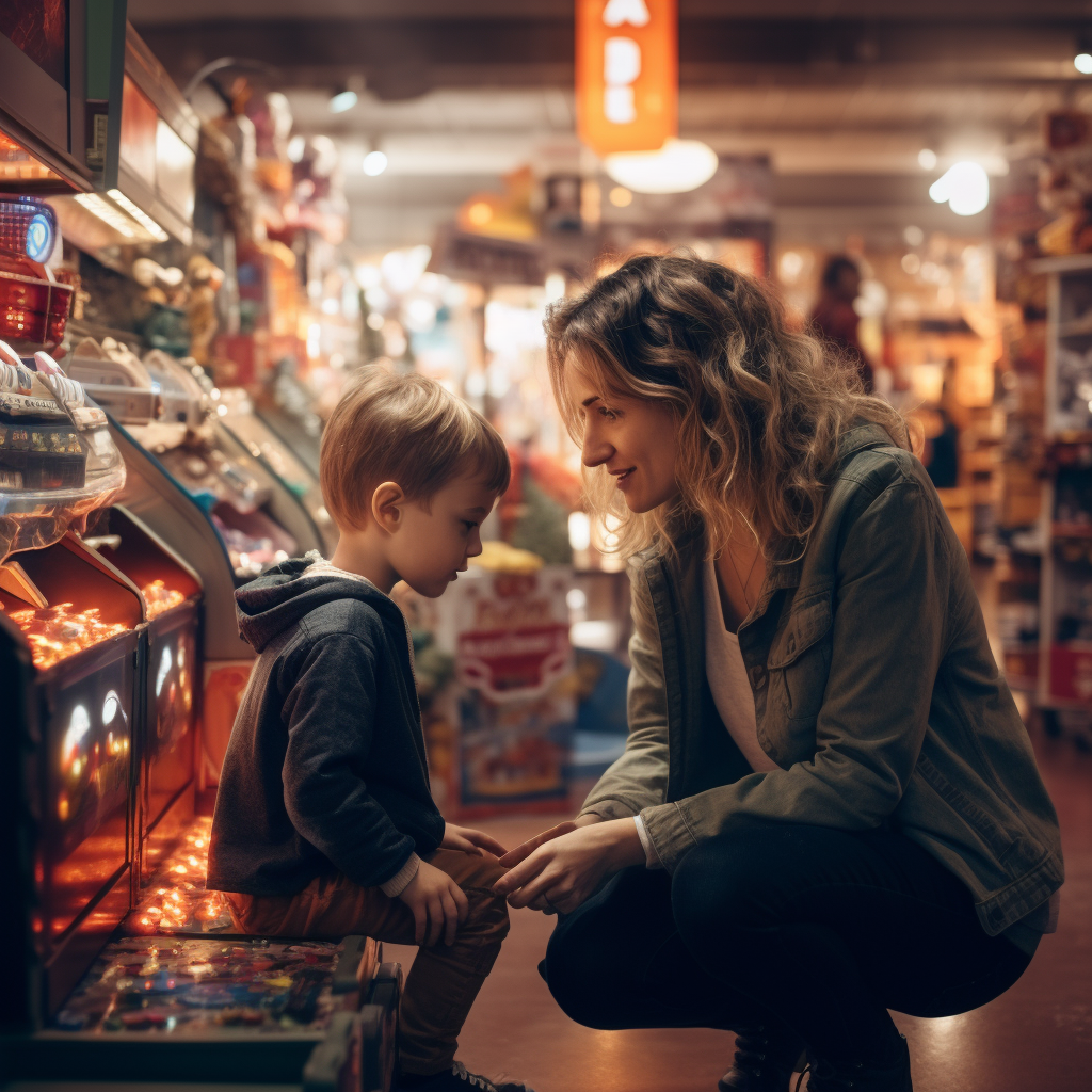 An intimidated child holding mother's hand in a game shop