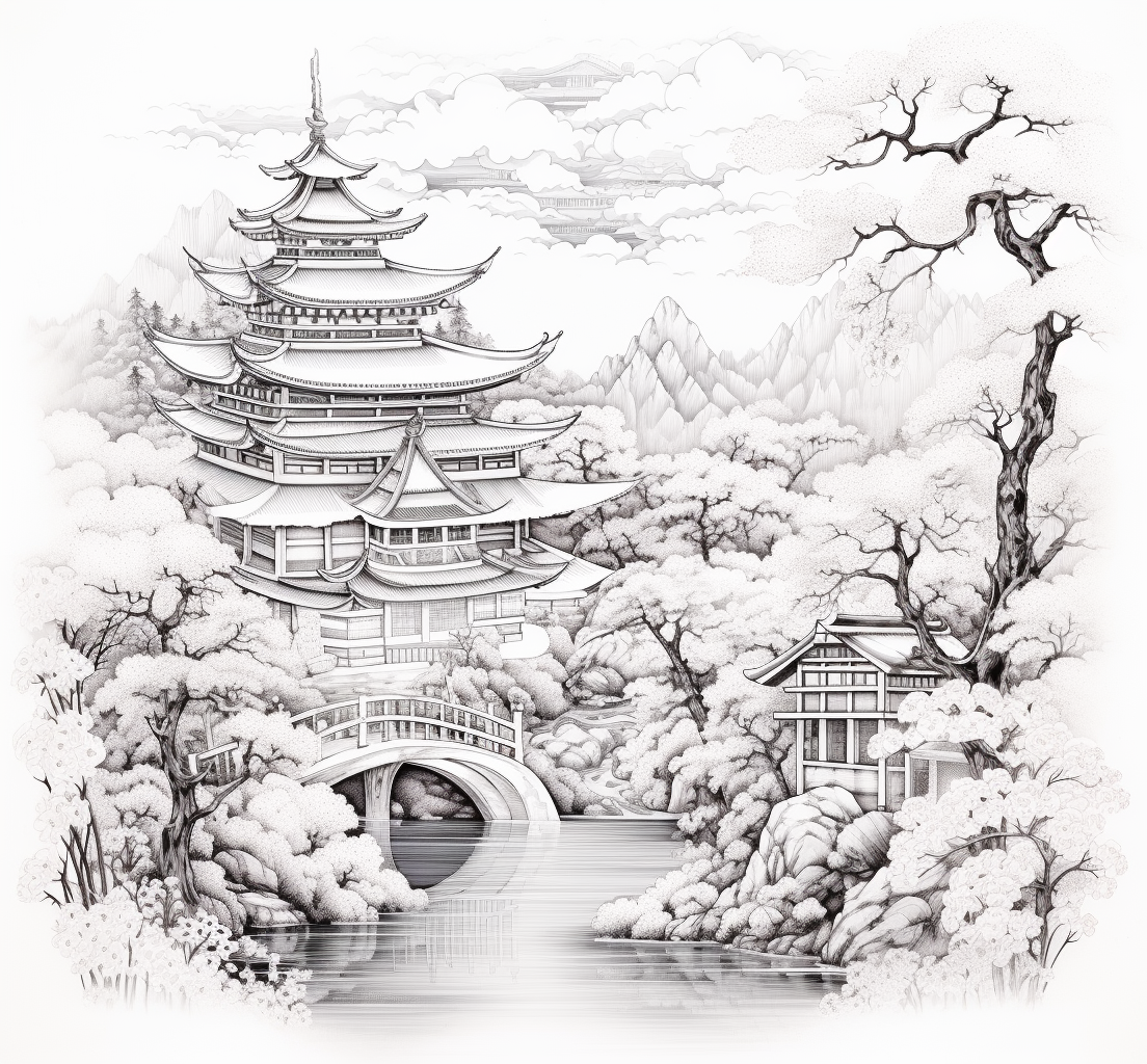 Detailed adult drawing of intricate Japanese scenery