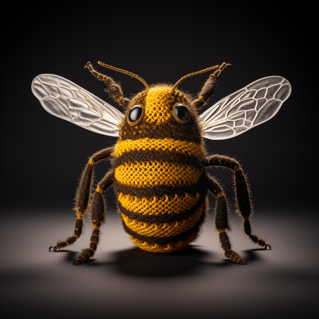 Knitted bee logo in detail