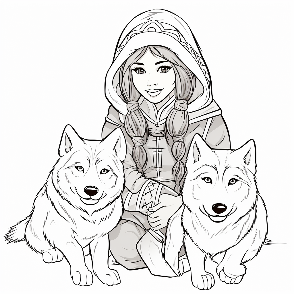 Inuit girl with husky dogs in simple illustration