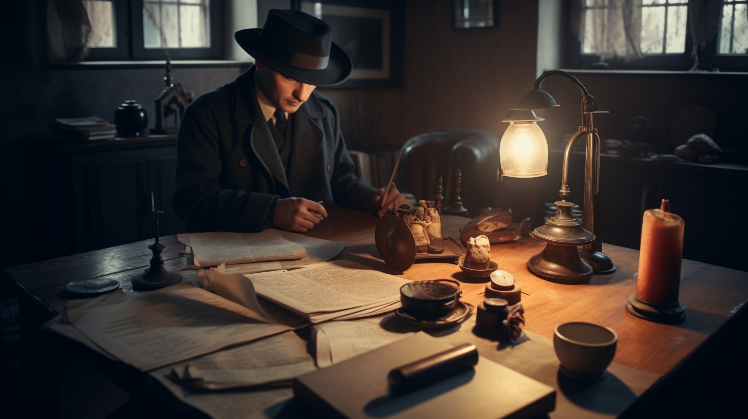 Investigator in dark room with black kettle hat