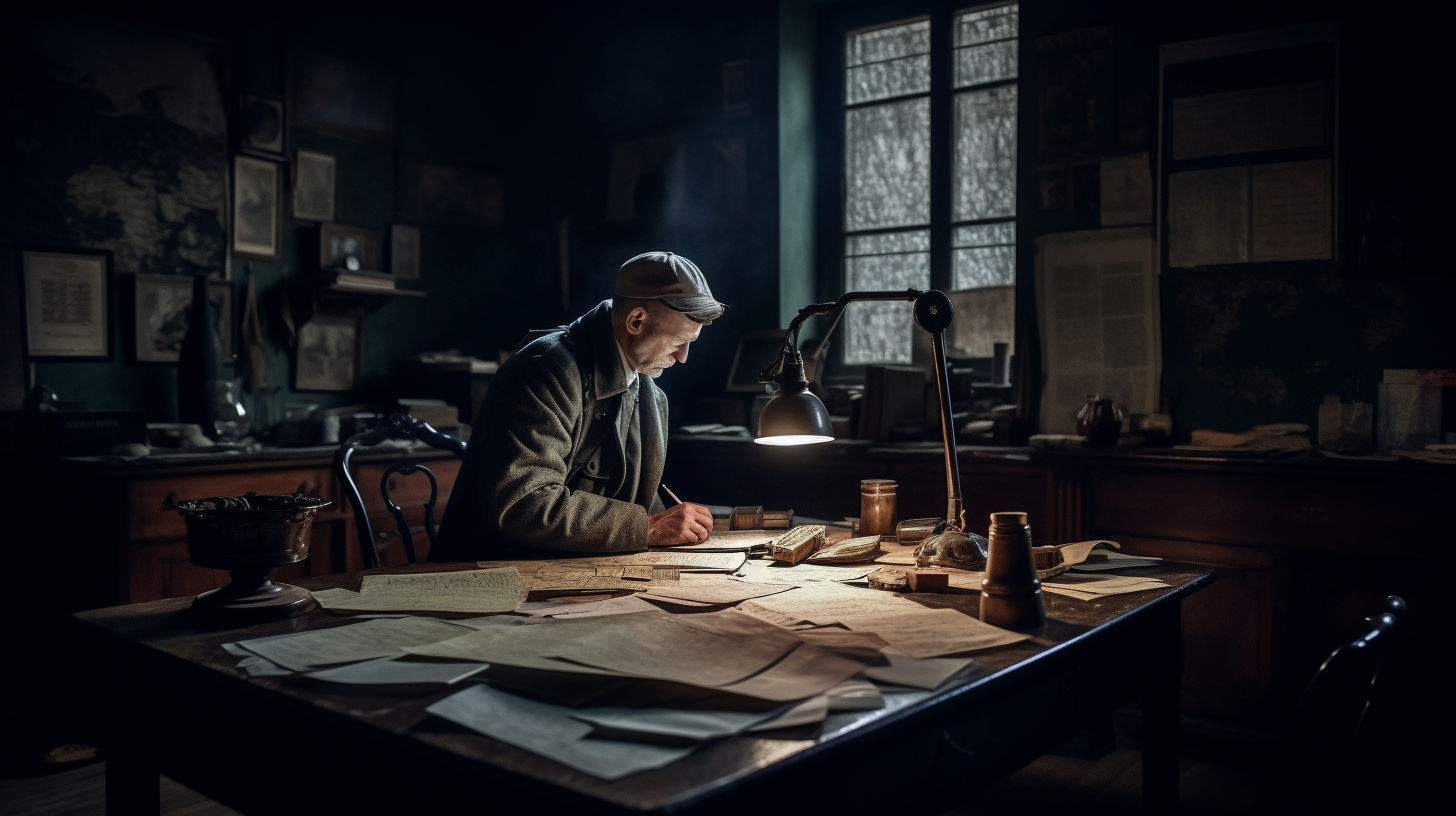 Investigator sitting in dark room in 1930