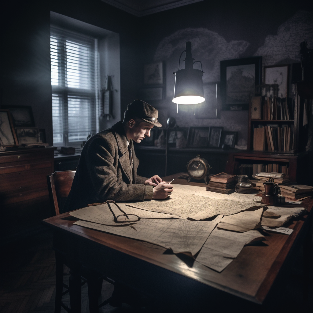 Investigator sitting by table in dark room