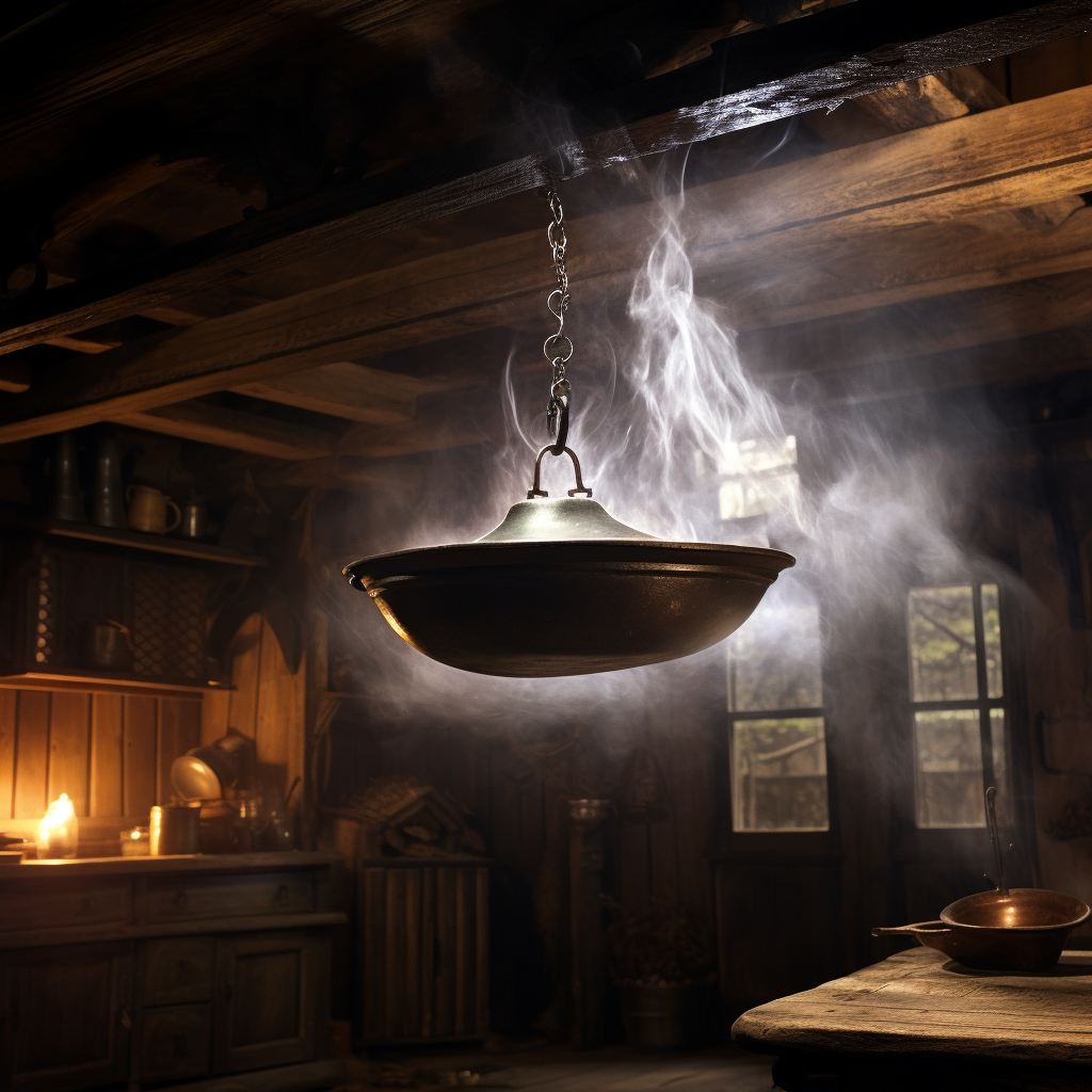 Ghost holding frying pan in medieval kitchen