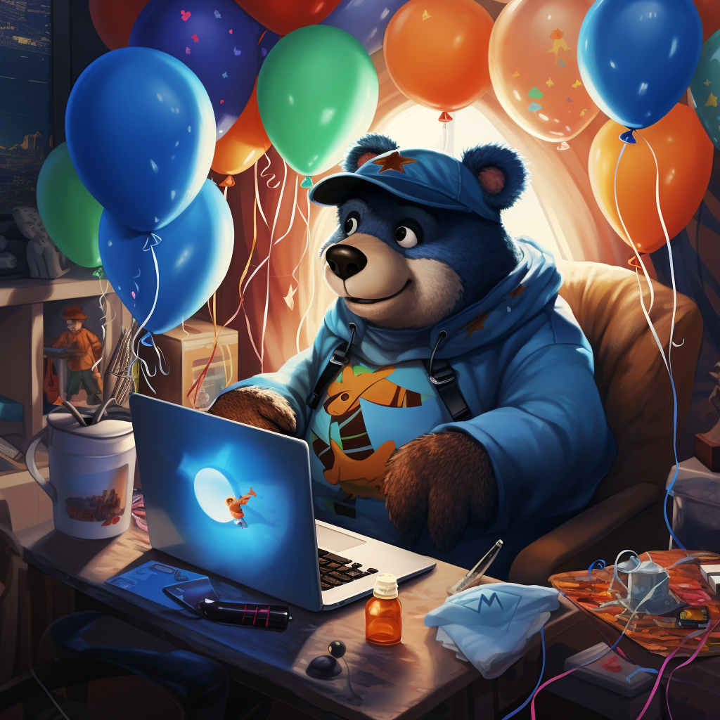 Cute bear at computer with balloons