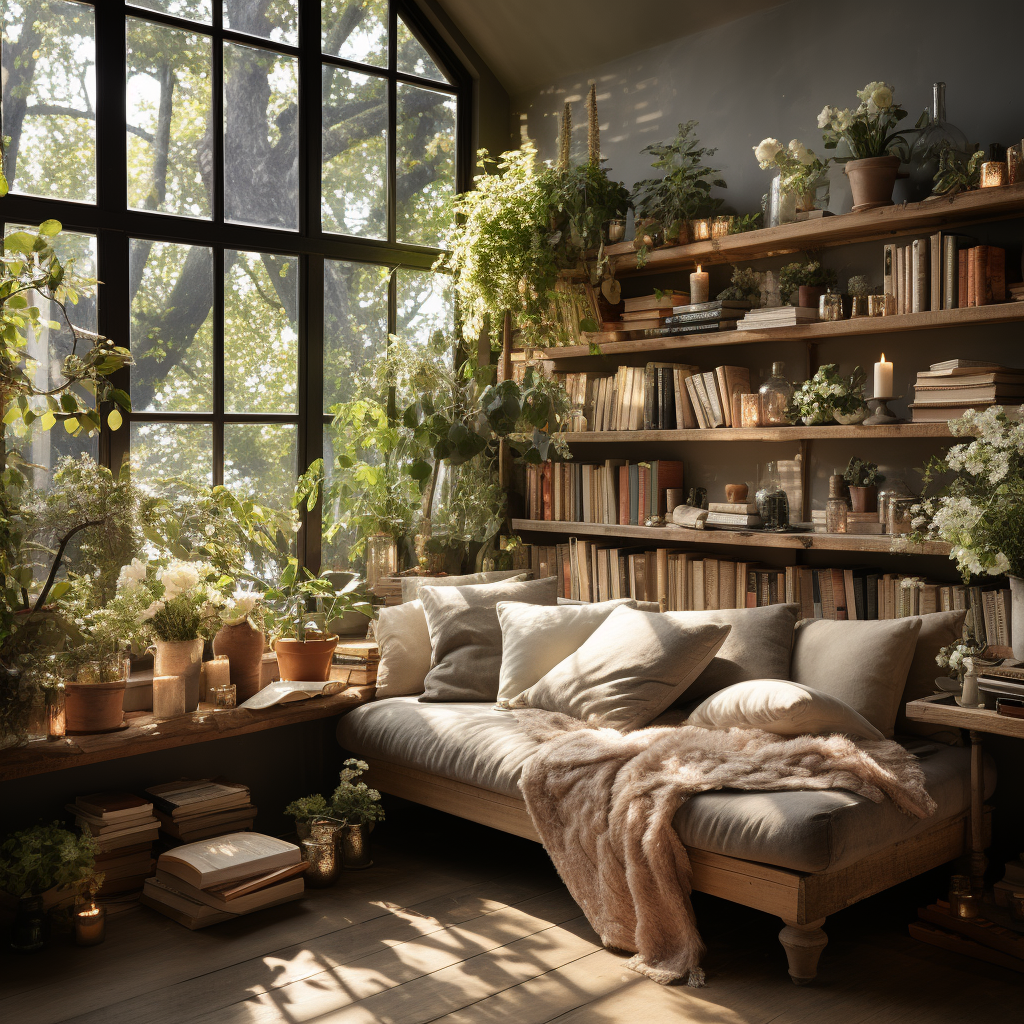 Inviting interior scene with books and green flowers