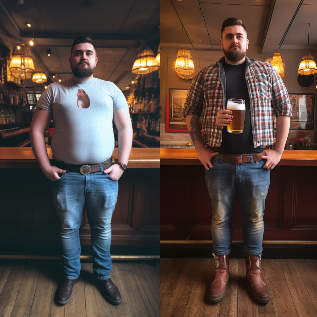 Before and after pictures of a 20-year-old man gaining a beer belly